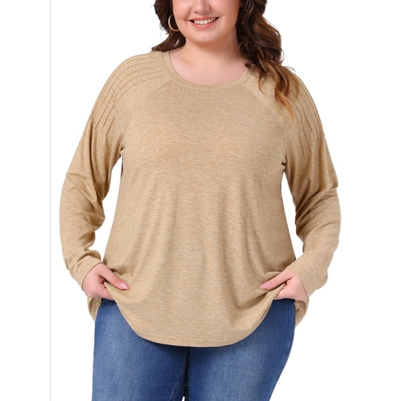 Blusa de Talla Grande para Mujeres, Camisas de Manga Larga con Cuello Redondo, Tops Tunic de Corte Holgado 3X Caqui