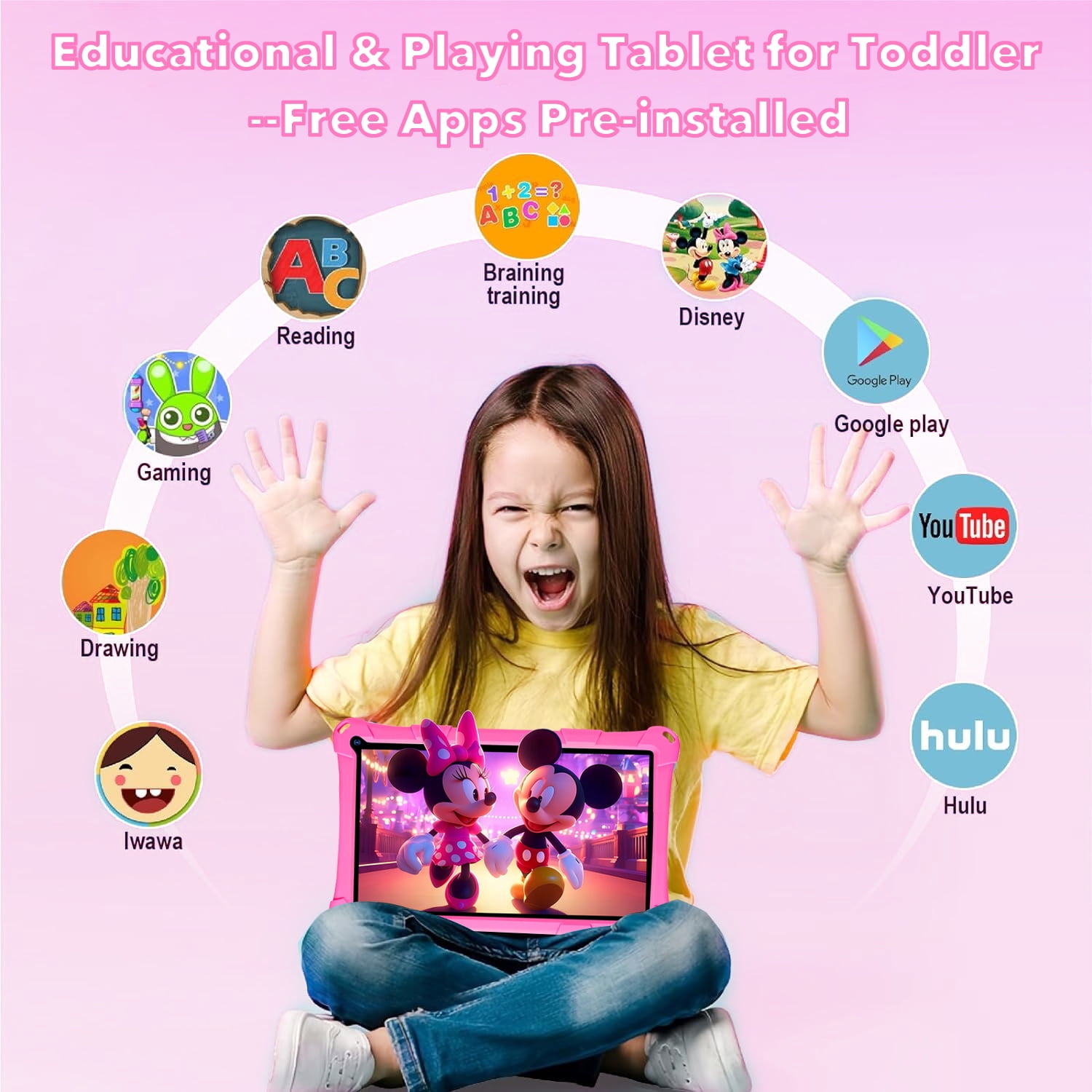 Thunrlge Kids Tablet, 7-Inch Kids Tablet, Android Tablet, 3+5 RAM 64GB ROM (TF CARD 256GB) Google Certified, Kids Software Pre-Installed, WiFi, Shockproof Case, Gift for kids, (Pink)