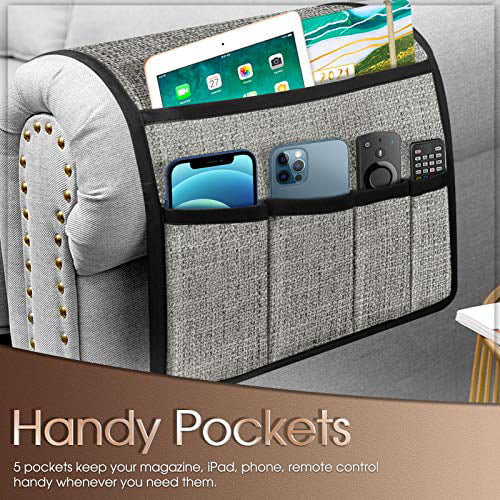 Tablet Joywell Thick Linen Sofa Arm Chair Caddy Armrest Organizer iPad Remote Control Holder for Recliner Couch with 5 Pockets for Magazine Light Grey Phone 
