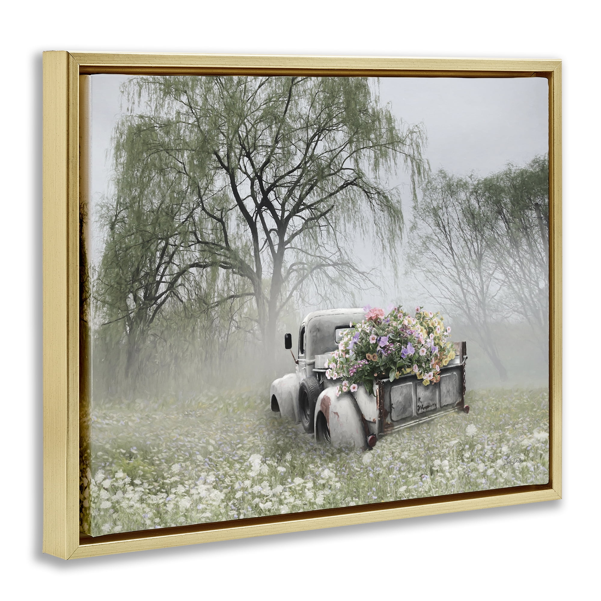 Stupell Industries Overgrown Floral Truck Plants & Flowers Photography Gold Floater Framed Canvas Art Print Wall Art, 21 x 17
