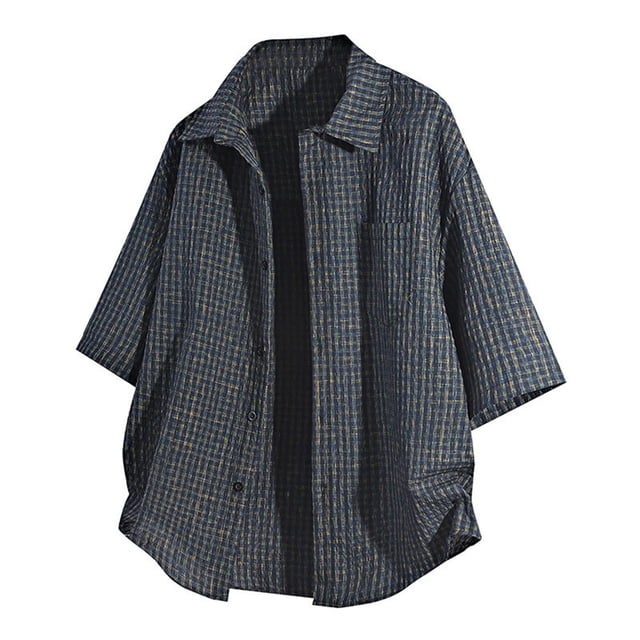 YanHoo Mens Short Sleeve Plaid Shirts Button Down Shirts Loose Fit Beach Shirts