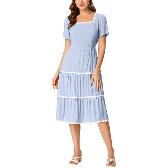 INSPIRE CHIC Vestido Midi de Cuello Cuadrado de Manga Corta con Encaje Azul L
