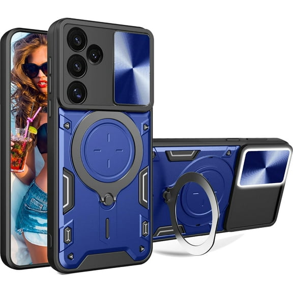 for Samsung Galaxy A16 6.7" Case with Magnetic Ring Kickstand, Rugged Military Grade Shockproof Heavy Duty Case with Slide Camera Lens Cover for Samsung Galaxy A16 JS-Blue
