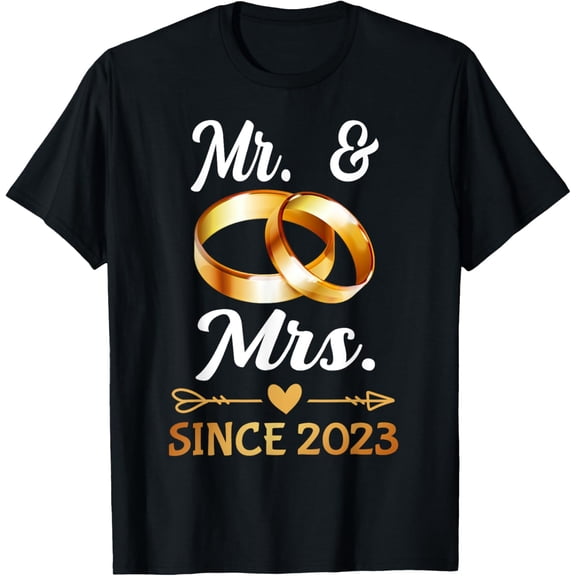 Couple Anniversary Mr & Mrs Since 2023 Marriage Wedding Ring T-ShirtMen's and women's gift, black and white T-shirt, size: Extra large S-4XL