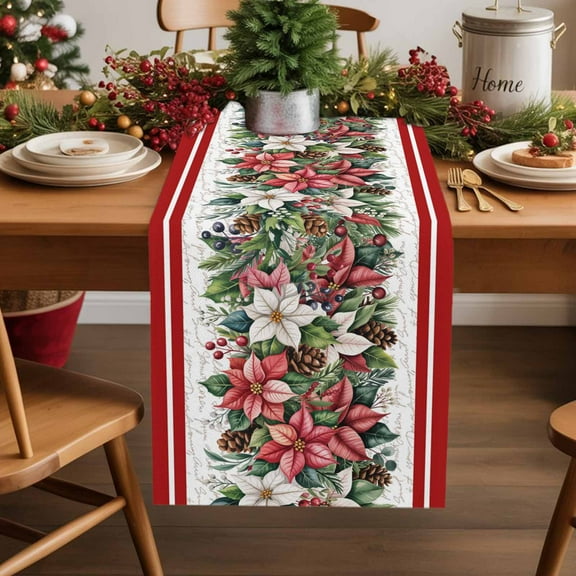 Winter Poinsettia Red Stripe Table Runner 16x72in Non-Slip Cotton Linen Table Runners, Pink Green White Botanical Dresser Scarves TableRunner for Dinner Kitchen Dining Wedding Party