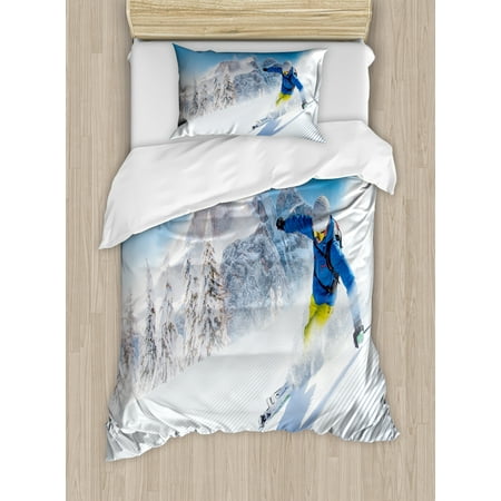 Mountain Twin Tip Skis Winter Twin Size Duvet Cover Set, Skier Skiing Downhill in High Mountains Extreme Winter Sports Hobby Activity, Decorative 2 Piece Bedding Set with 1 Pillow Sham, Blue White Yellow, by Ambesonne ()