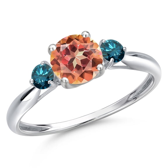 Gem Stone King 10K White Gold Ecstasy Mystic Topaz and Blue Diamond 3-Stone Ring for Women | 1.20 Cttw | Round 6MM | Gemstone November Birthstone | Size 8
