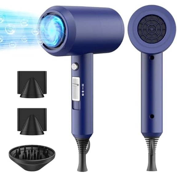 Professional Ionic Hair Dryer, Powerful 1800W Fast Drying Low Noise Blow Dryer with 2 Concentrator Nozzle 1 Diffuser Attachments for Home Salon Travel (Prussian Blue)
