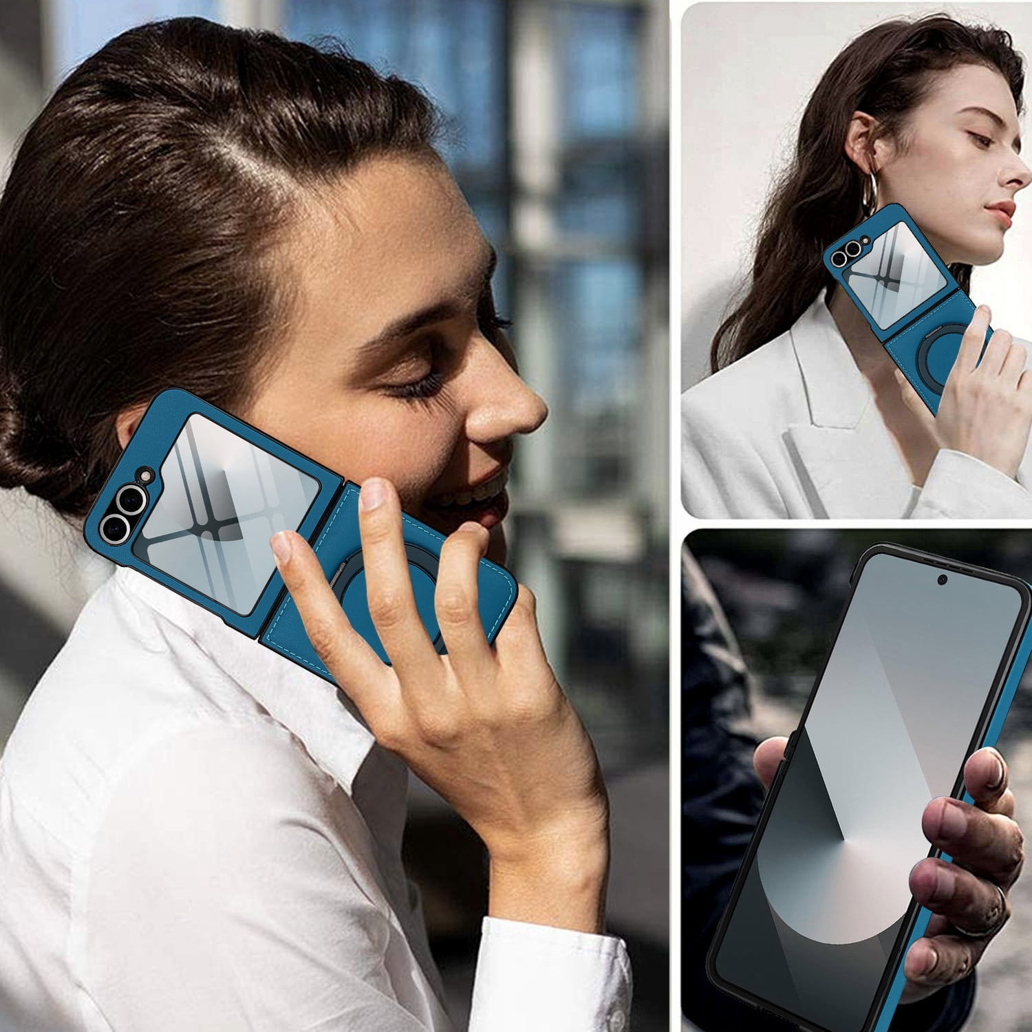 Compatible with Samsung Galaxy Z Flip 7 Phone Case,Built-in Screen Protector,360° Rotatable Ring Kickstand,Compatible with Mag-Safe,Anti-Scratch Leather Shockproof Rugged Phone Case,Blue