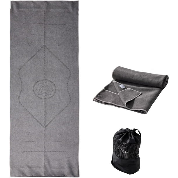 Toalla de Tapete de Yoga YR con Líneas de Alineación, 72''x24'' Toallas de Yoga Calientes Antideslizantes para Pilates de Gimnasio con Bolsa de Transporte, Gris