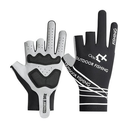 Fishing Gloves 3-Finger Design For Fishing Breathable Non-Slip With Outdoor Fishing Pattern L Size - Black Suitable For Anglers Fishing Enthusiasts Outdoor Activities