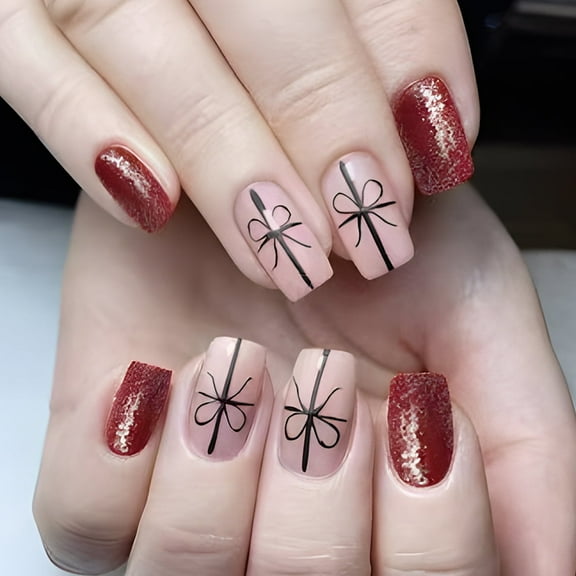 Yoyauz 24 PCS Christmas Fake Nails Shining Red Bow Design Short Fake Nails, Christmas Colored Nails Used for DIY Nail Decoration in Winter