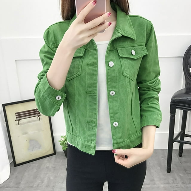 Bmisegm Femmes Mode Revers Uni Décontracté Denim Boutons Blazer Veste en Jean Cardigan Veste en Denim pour Femmes Vert P