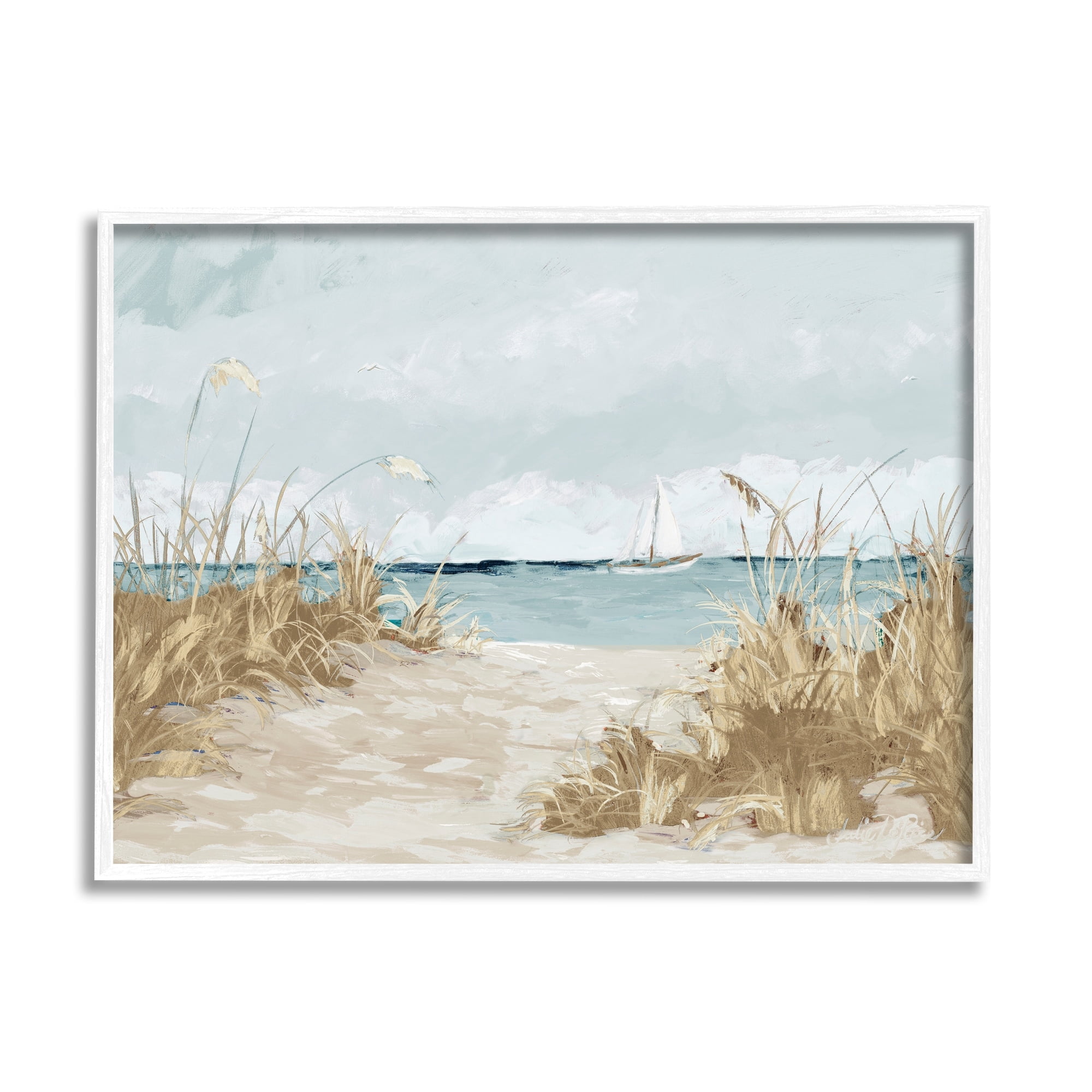 Stupell Industries Sandy Beach Walkway Distant Sailboats Floating Sea Painting White Framed Art Print Wall Art, Design by Julie Derice