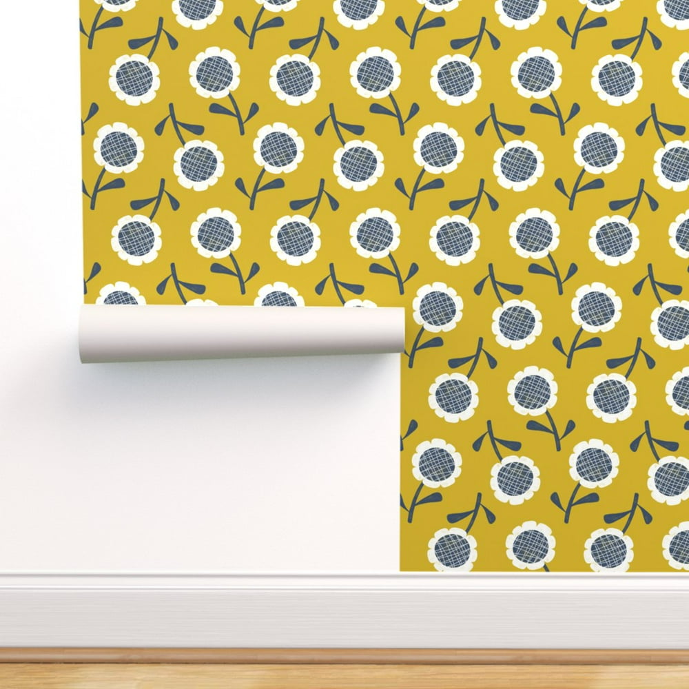 Peel-and-Stick Removable Wallpaper Floral Scandi Retro Mustard Dark