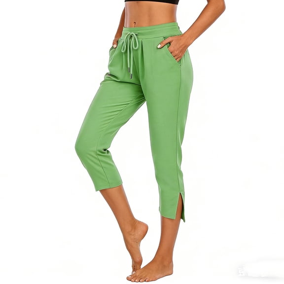 Womens Capri Pants,Capri Pants for Women 2026 Elastic Waist Drawstring Stretchy Summer Pant Side Split Casual Lounge Capris with Pockets