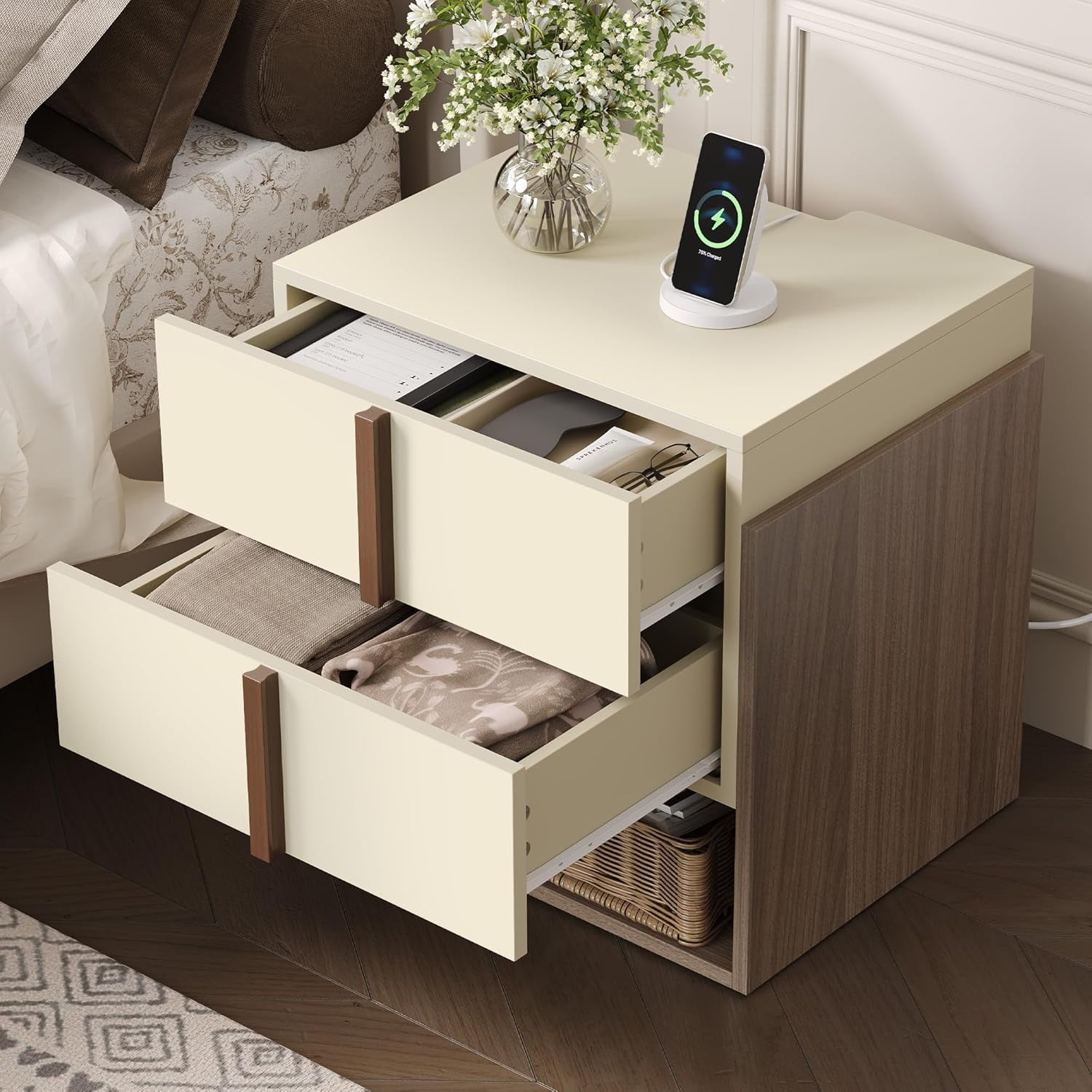 Modern Nightstand with Charging Station, 20" MCM Bedside Table with 2 Drawers & Open Storage Shelf, End Table with USB Ports and Power Outlets for Bedroom, Living Room, Cream White & Walnut