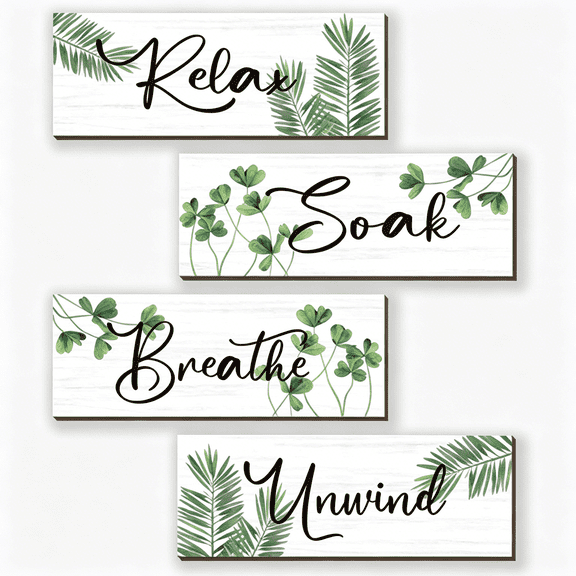 XIBUFE 4Pcs Farmhouse Bathroom Wall Decors Relax Soak Unwind Breathe Wooden Word Sign Green Hanging Wall Art Rustic Office Wall Decor for Bedroom Living Room Vintage Decorations(Green Leaves 10X4In)