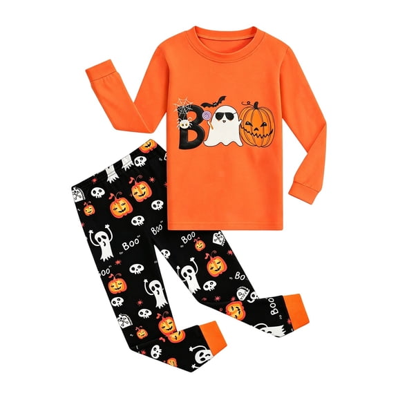 CONZONE Halloween Pajamas for Girls Pumpkin Ghost Pjs Set Hallowmas Jammies Long Sleeve Tops Pants 2 Piece Sleepwear Loungewear for Kids