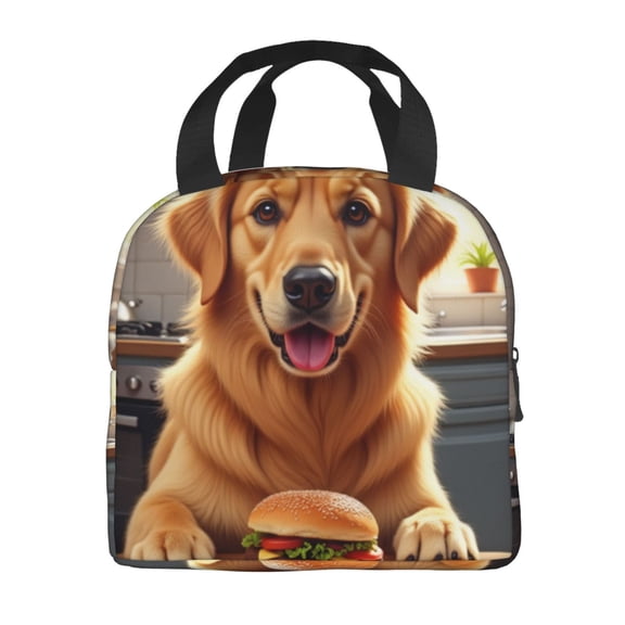Portable Lunch Bag Insulated Golden Retriever Dog In Kitchen With Hamburger And Cookies Lunch Box Reusable Tote Bag Unisex for Work, Travel, Picnic, Office, Camping, Hiking, Picnic, Beach