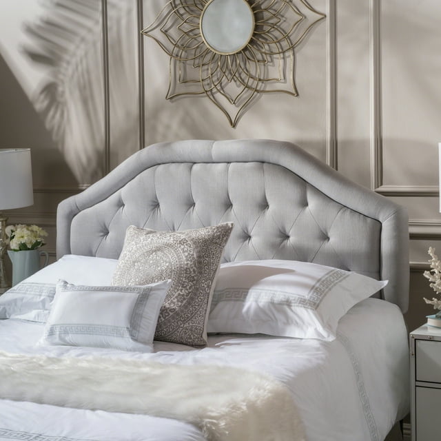 Tête de Lit Rembourrée Full/Queen, Design Capitonné en Losange, Structure Arquée, Assemblage Facile, Gris Clair