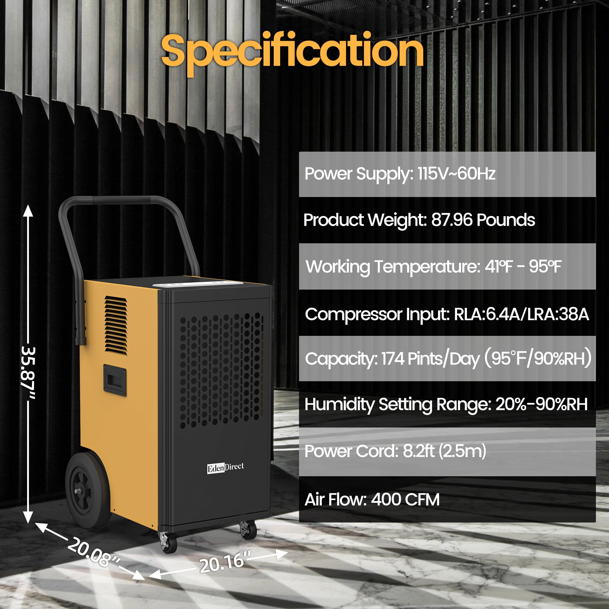 174 pt. 6,000 sq. ft. Buckless Industrial Dehumidifier with Pump, Dehumidifier for Basement in Yellow