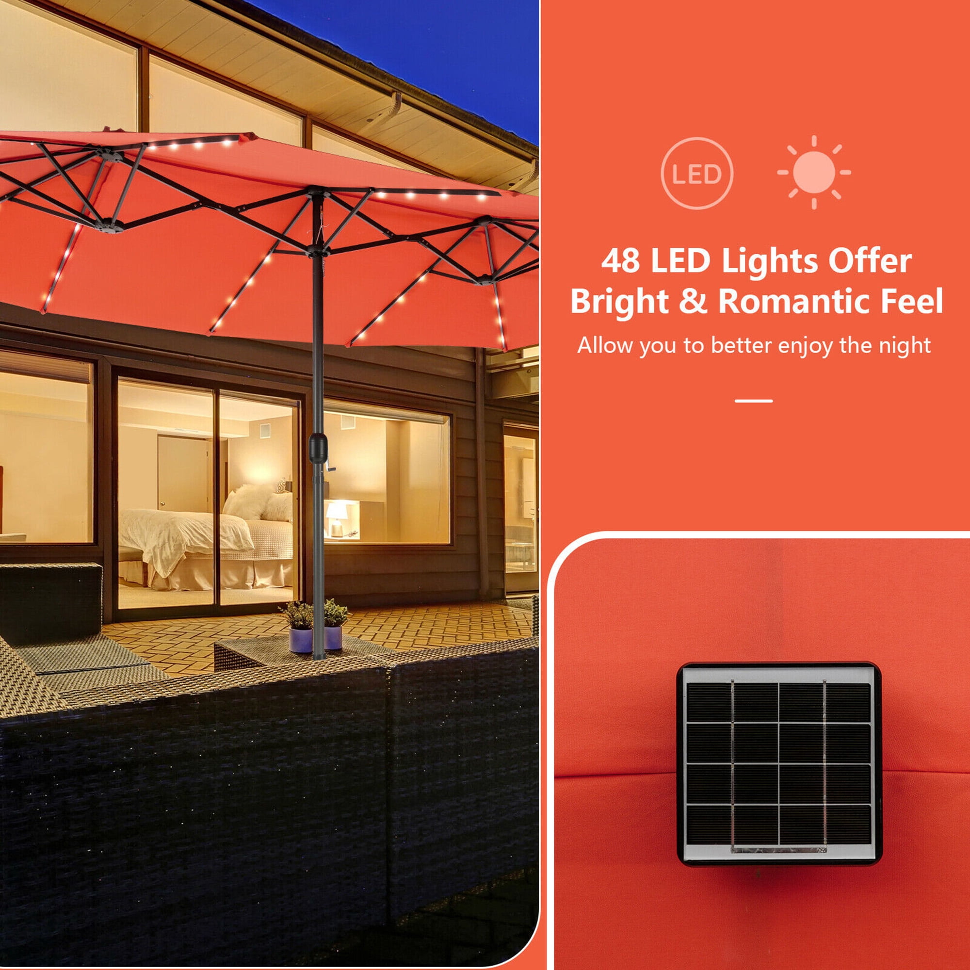 Gymax Outdoor 15' Double-Sided Patio Umbrella 48 Solar LED Lights Crank & Base Orange