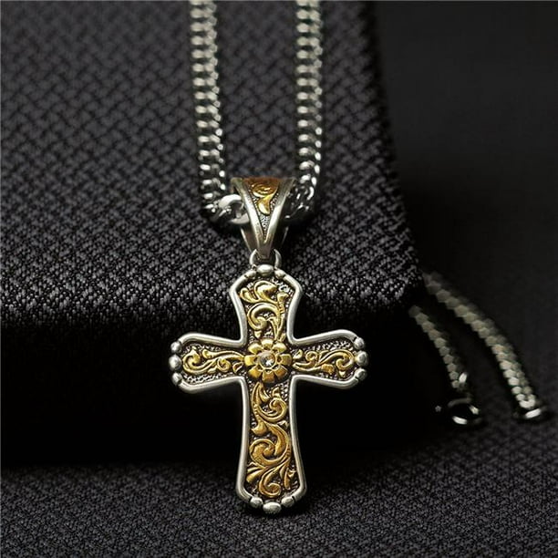 Twister 32120 Mens Floral Scrolled Cross Chain Necklace Gold