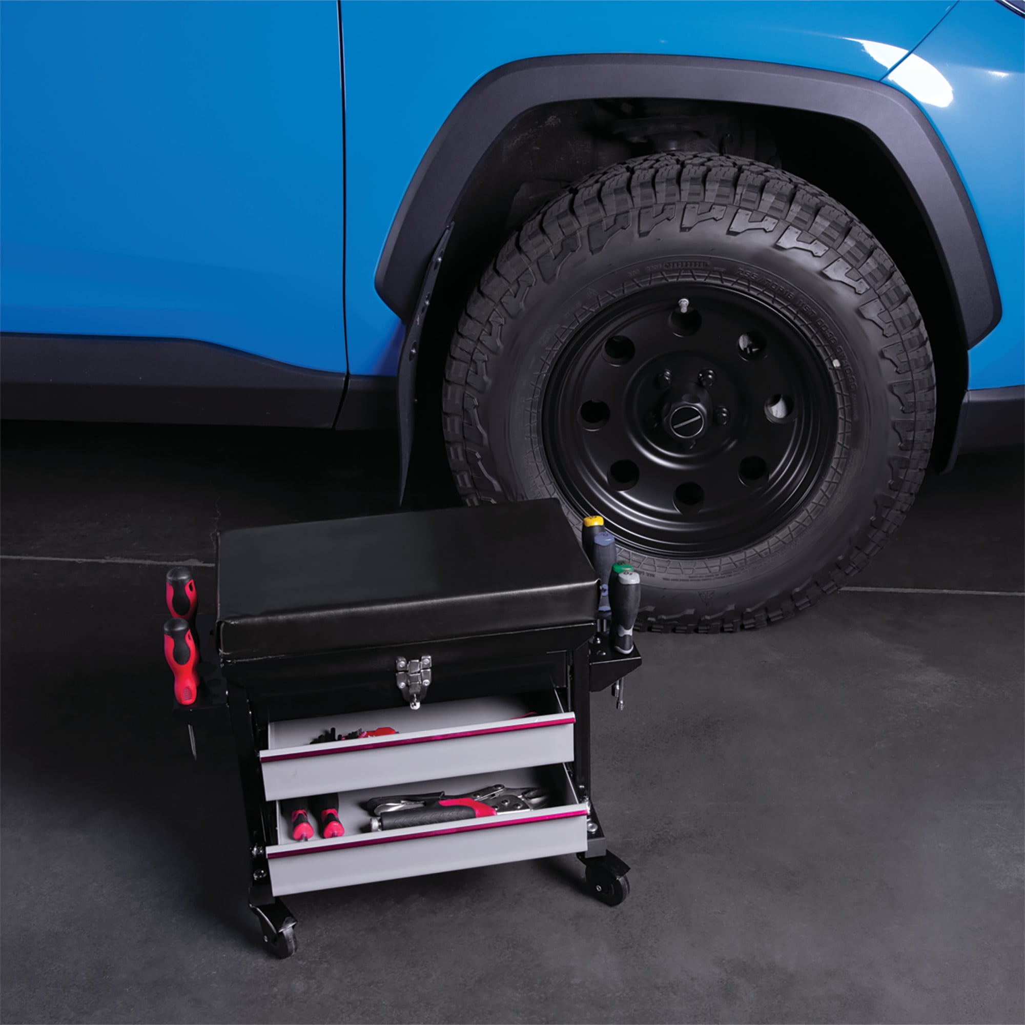 Performance Tool W85024 Drawer 2-Drawer Rolling Toolbox Work Seat - For Mechanic Garages and Workshops, 16x9-inch Seat, Black