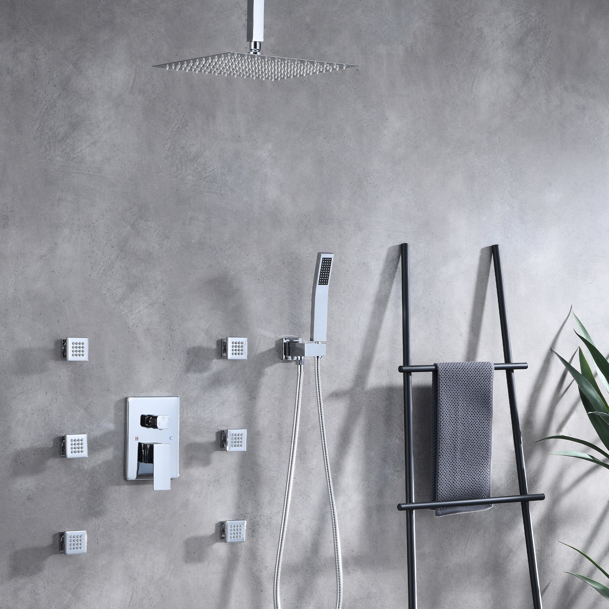 Full Body Shower System with Body Shower Spray Jets, 12'' Ceiling Shower Head System with Jets & Hand Shower, Polished Chrome Rain Shower System Faucet Set with Jets & Valve