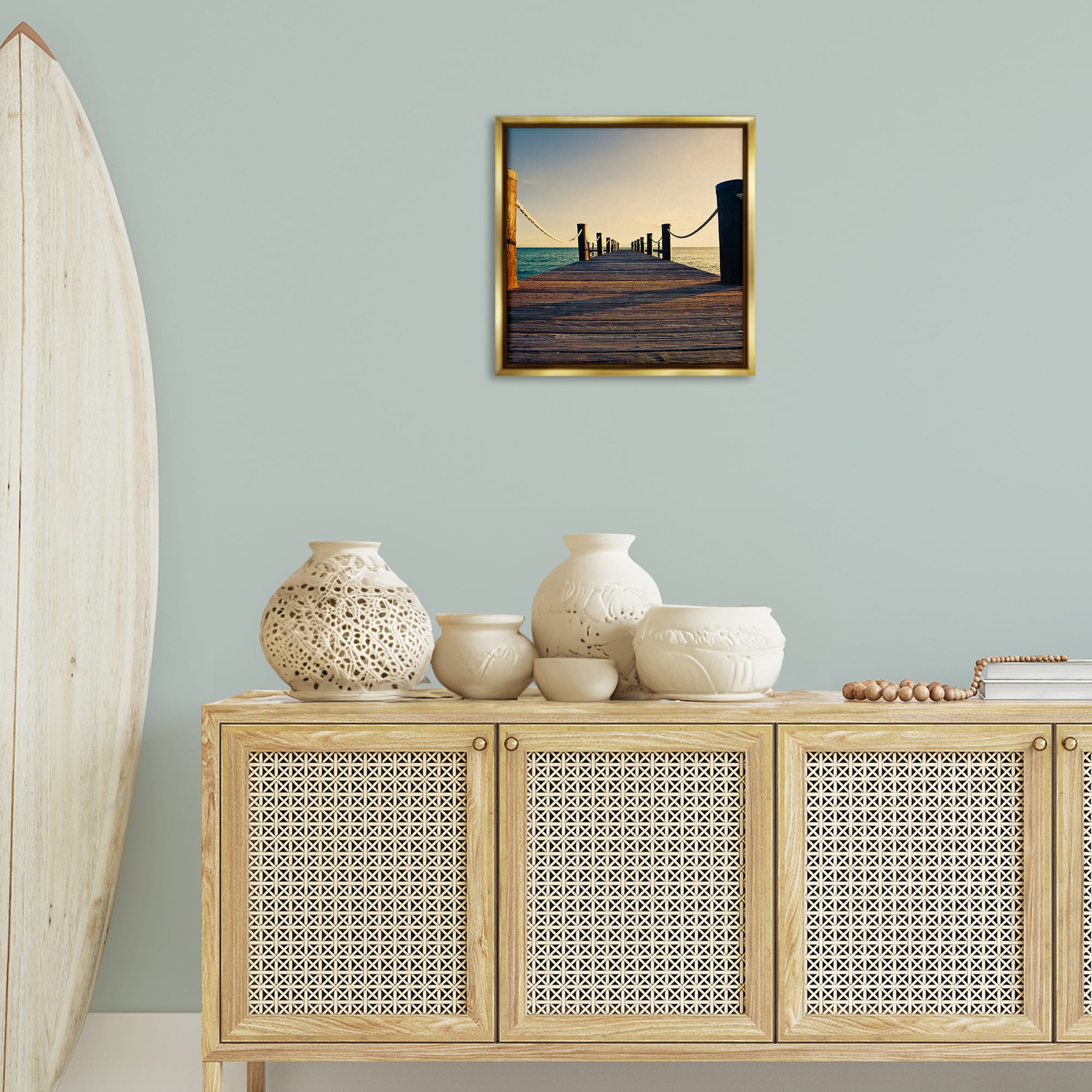 Stupell Industries Coastal Beach Dock Nautical & Beach Photography Gold Floater Framed Canvas Art Print Wall Art, 18 x 18