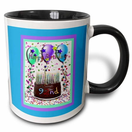 3dRose Happy Birthday 92nd Chocolate Cake - Two Tone Black Mug,
