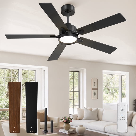 Lokivas 52in Modern Ceiling Fans with Light and Remote, 6 Speed Reversible DC Motor, Downrod Design for Bedroom, Living Room, Black