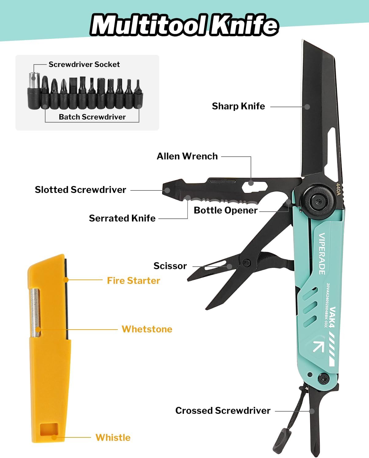 VIPERADE VAK4 Multitool Pocket Knife for Men, Multifunctional 21-in-1 Multitool Pocket Knife with Pouch, Outdoor Camping Survival and Everyday Use (K4-Blue)