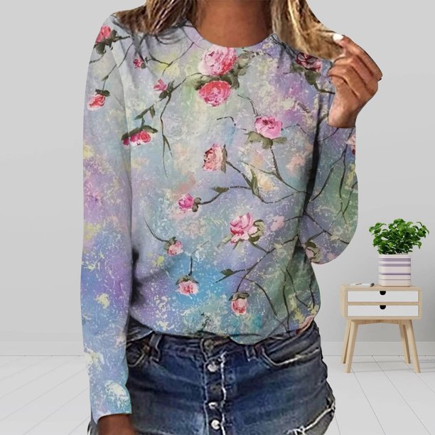 Pntutb - Camiseta holgada con estampado de moda para mujer, blusa de manga larga, cuello redondo, tops casuales Pntutb Pntutb-6848