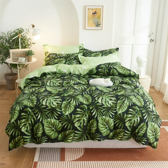 KIUINNO 3-Piece Set Green Leaves Printed Duvet Cover Set Light Weight Microfiber Bedding set Queen Size