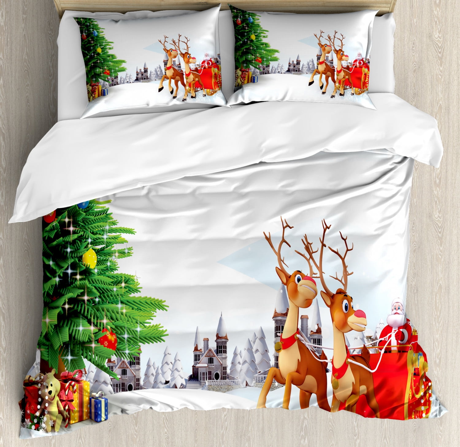 Ambesonne Santa Duvet Cover Set King size, Snow Covered Christmas Village with Cartoon Santa on His Sleigh Big Tree and Boxes, Decorative 3 Piece Bedding Set