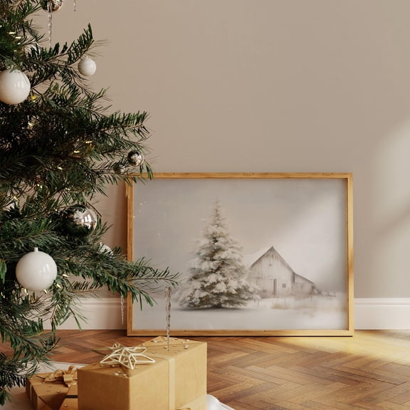 Rustic Christmas Barn Print | Snowy Winter Farm Scene | Cozy Holiday Decor, 16x24 UNFRAMED