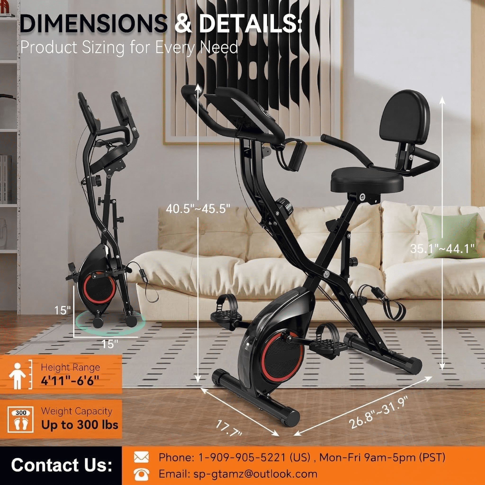 USLIM 5-in-1 Foldable Exercise Bike for Home, Indoor Fitness Bike with 16-Level Magnetic Resistance, 6.6 lb Flywheel, 300 lb Capacity
