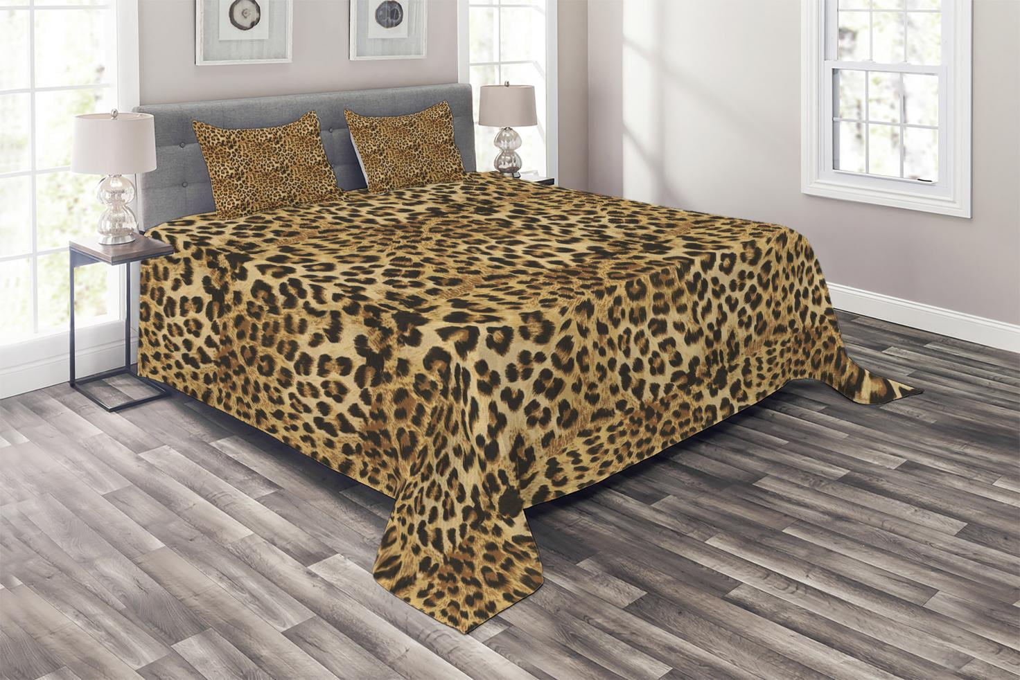 Brown Coverlet Set King Size, Leopard Print Animal Skin Digital Printed
