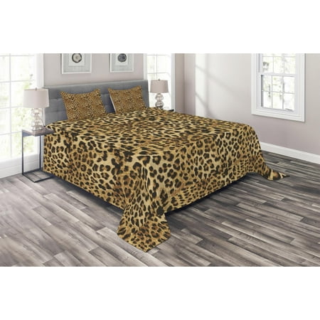 Brown Coverlet Set, Leopard Print Animal Skin Digital Printed Wild African Safari Themed Spotted Pattern Art, Decorative Quilted Bedspread Set with Pillow Shams Included, Brown, by