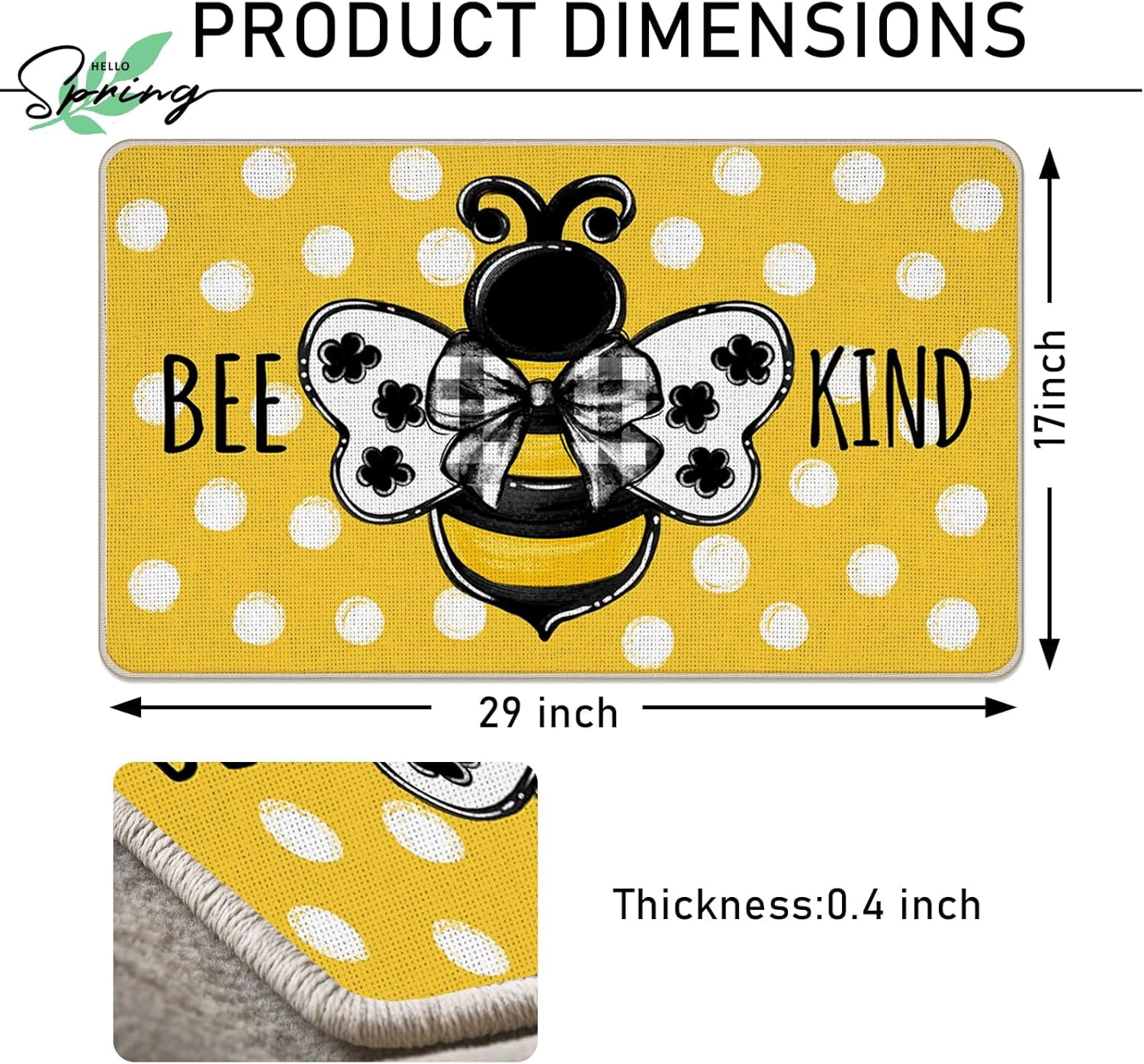 Bee Kind Spring Summer Decorative Front Door Mat, Yellow Polka Dot Doormat Indoor Outdoor Non-Slip Floor Entryway Rug, Bumble Bee Seasonal Home Kitchen Decoration 17x30 Inch