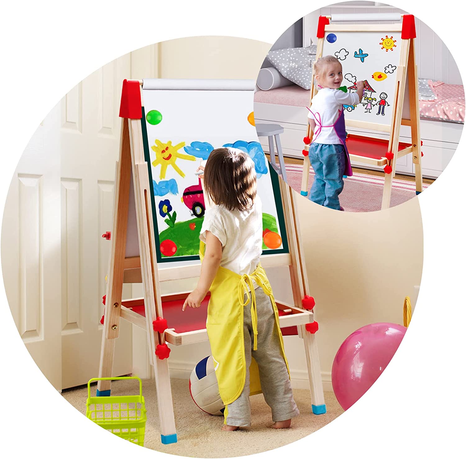 Kids Easel Wooden Kids Art Easel Double-Sided Standing Easel for Kids  Height Adjustable Preschool Art Easel with Paper Roll、Storage Box,  Watercolor