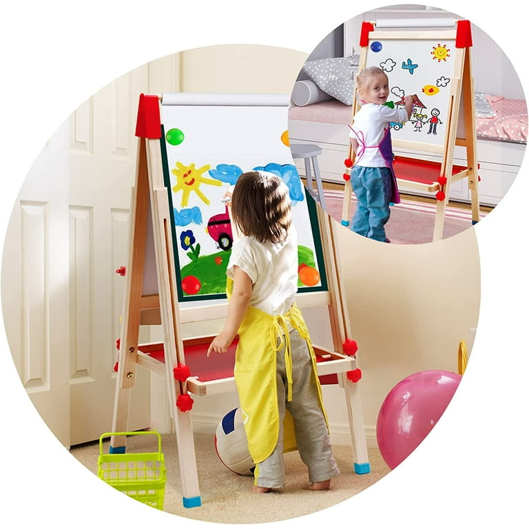 Kids Easel Wooden Art Easel Adjustable Standing Easel Double-Sided Drawing Easel with Paper Roll Chalkboard & Whiteboard for Kids Toddlers Birthday