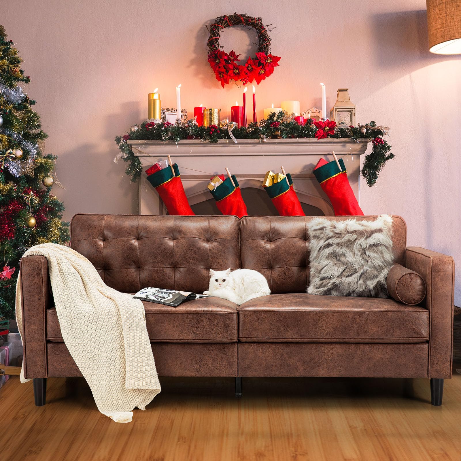 AECOJOY Leather Couch Sofa 84.2" Mid-Century Sectional Sofa 3 Seater Office Sofa on Clearance,Saddle Brown