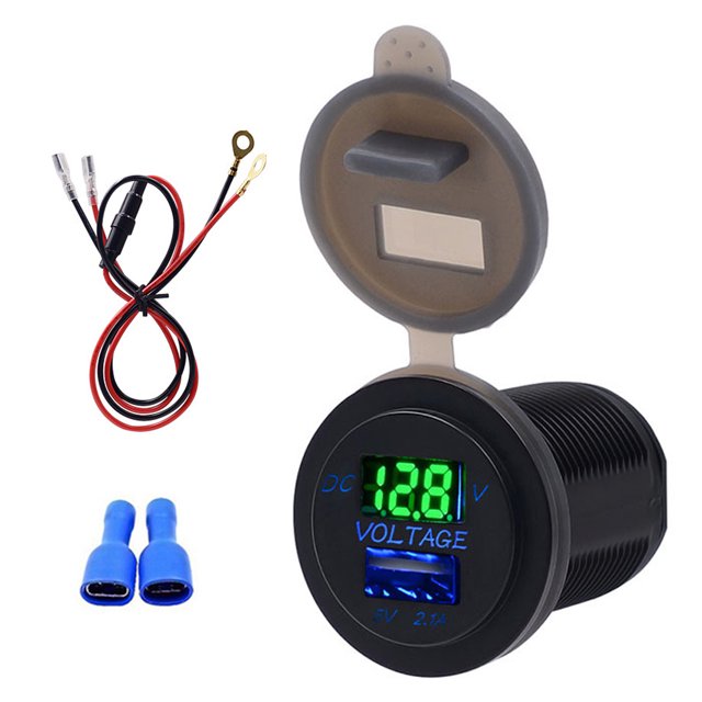 USB Ports Car Charger Voltage Display Voltmeter Vehicle Power IP66 Waterproof 2.1AGreen DC12-24V