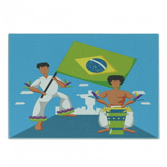 Brazil Cutting Board, Brazilian Musicians Tropical Characters Entertaining and Waving a Flag, Decorative Tempered Glass Cutting and Serving Board, in 3 Sizes, by Ambesonne