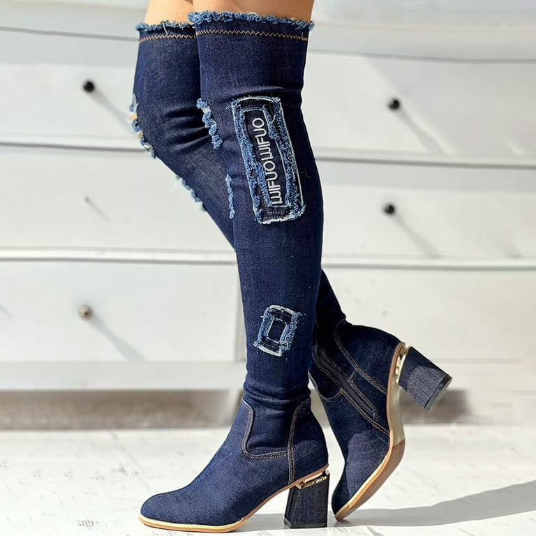 Denim Knee Length Boots And Winter Thick Heels Slim Legs Long Boots With Elastic High Heels That Do Not Fall Off The Tube Walmart