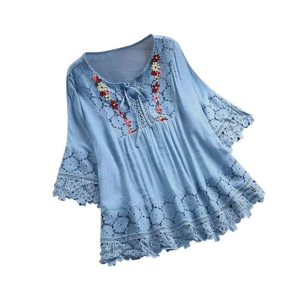 Minnieouse Blusa vintage para mujer, hecha de cómoda y duradera, con cuello en V, con lazo familiar, adecuada para tu diario, azul XXL Type3 NO3