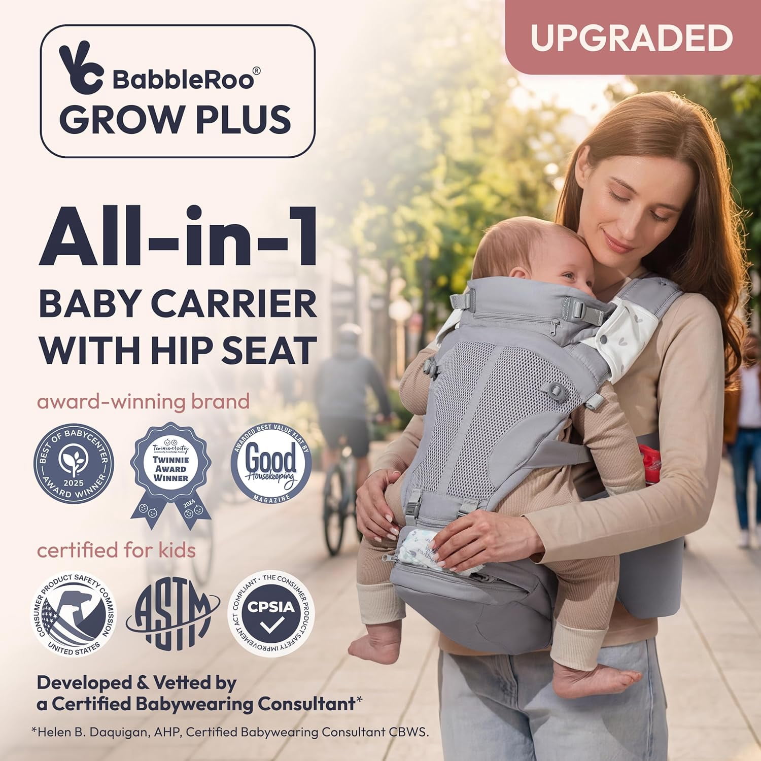 BabbleRoo Grow Plus Carrier – Safety Certified Organic Cotton Baby Carrier with Detachable Hip Seat, Infant to Toddler (7–50 lbs)- Light Gray